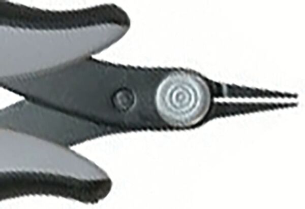 The image shows a pair of pliers with a pointed, narrow tip at one end. The handle is black and gray, and there is a round screw in the middle.