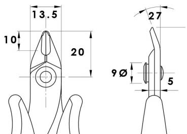 The image displays technical drawings of pliers. Measurements such as 13.5 mm, 20 mm, and 27 mm are indicated. The pliers have an ergonomic handle and a pointed cutting edge.