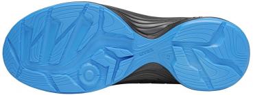 The image shows the underside of a shoe. The sole is predominantly black with a striking blue pattern that features various textures and grooves.