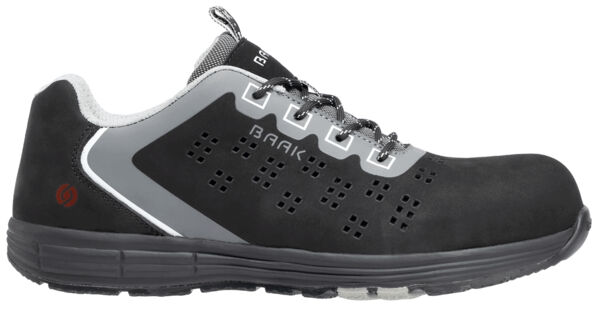 The shoe is black with gray and red accents. It has a non-slip sole, laces, and is equipped with ventilation holes. Ideal for outdoor use or sports.