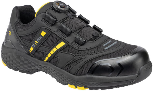 This is a black sports shoe with yellow accents. It has a padded tongue, a lacing system with a rotating buckle, and a non-slip, textured sole.