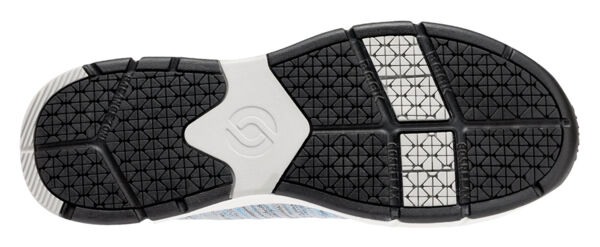 The image displays the underside of a shoe. The sole features a smooth, black rubber pattern with various elements, including bright and textured areas that provide contact.