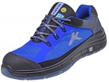 The shoe is a lightweight, blue safety and work shoe. It has a durable, black rubber sole, cushioning material, and laces. The upper is made of a breathable mesh fabric.