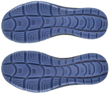 The image shows the undersides of a pair of shoes with a blue, textured sole. The sole features various patterns for better grip and flexibility.