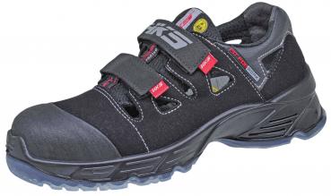 The shoe is a safety shoe made of black material. It features multiple practical Velcro fasteners, a reinforced toe cap, and a non-slip sole. Ideal for work.