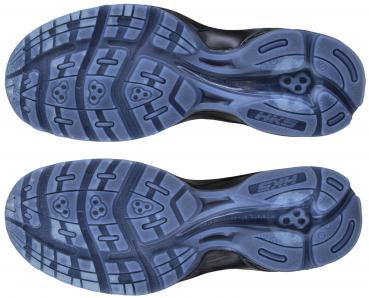 The image shows the underside of a sports shoe with a blue, textured tread. There are several grooves and paddings that provide grip and cushioning.