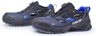 The image shows a pair of sporty, black shoes with blue accents. They have a sturdy sole, a laceless design with a twist lock, and are suitable for outdoor activities.