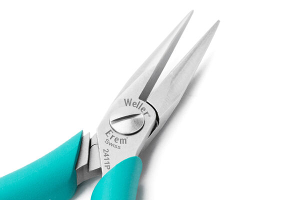 The image displays a fine pair of pliers with sharp, polished stainless steel jaws. The handle is in a light turquoise. Manufacturer information is embossed on the pliers.