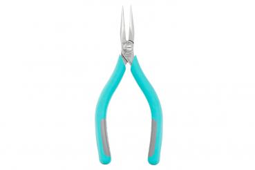 The image shows a pair of pliers with long, pointed, metallic blades and a turquoise handle. The pliers are open, ready for use.