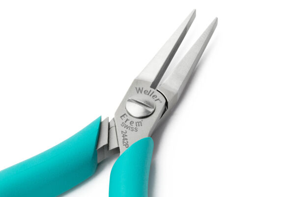 The image shows a sleek pair of pliers with long, pointed blades. The handle is in a light turquoise. The pliers appear sturdy and precise, ideal for delicate tasks.