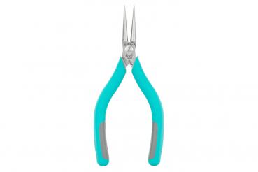 The image shows a pair of pliers with long, pointed jaws made of shiny metal. The handles are turquoise with gray rubber inserts for better grip. It is handy and lightweight.