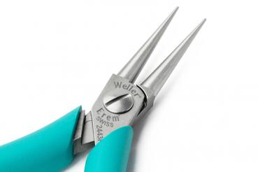 The image shows a pair of pliers with narrow, long tips. It has a metallic head and turquoise handles. The tips are precise and pointed, ideal for gripping small parts.