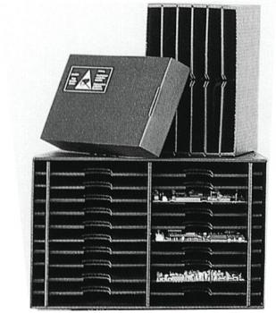 The image displays two black cardboard containers. On top is an open, upright model with vertical compartments; below is a flat container with numerous horizontal compartments.