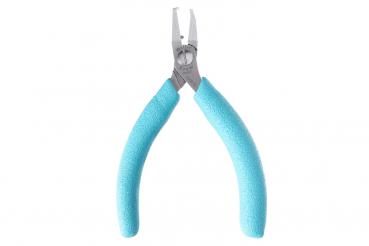 The image shows a small pair of pliers with flat, pointed jaws. The handles are covered with a light blue, non-slip material to provide better grip.