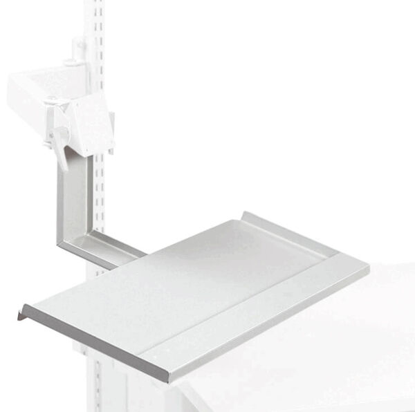 The image shows a silver shelf mounted on a white wall or bracket. It has a flat surface and a lateral support that stabilizes it.