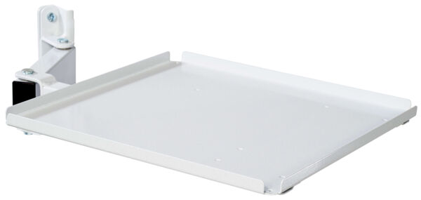 The image displays a white, rectangular metal shelf mounted on a wall. It features a bracket on one side and is flat with slightly raised edges. Ideal for storing items.