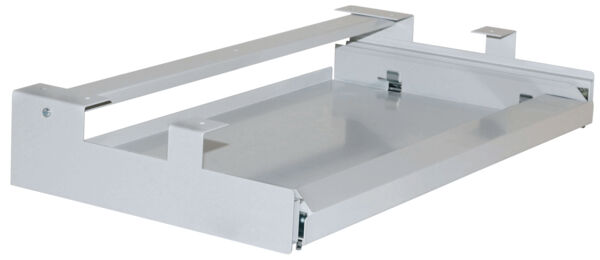 The image shows a flat, rectangular metal shelf. It is silver-colored and has mounting elements on the sides. The shelf appears sturdy and is designed for use in furniture.