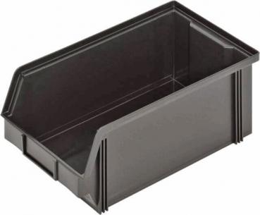 The image shows a rectangular, black plastic box with slightly raised sides and open ends. It has a smooth surface and is used for storing or organizing items.