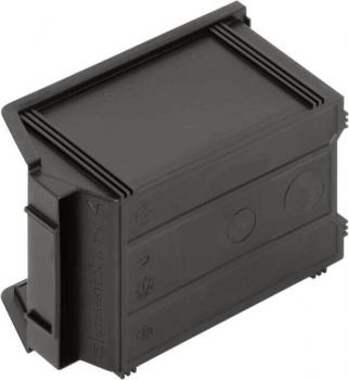 The image shows a black, rectangular container with rounded corners and side handles. Various symbols and lines are embossed on the surface.