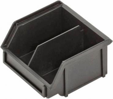 The image shows a black, rectangular storage box with a divider in the middle. It has a slightly raised, slanted top edge and is made of sturdy material.