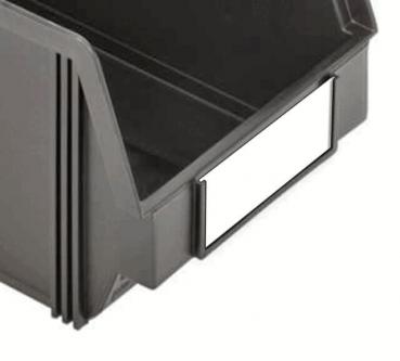 The image shows a narrow, black plastic organizer box with an open front and an empty label holder. The box has rounded edges.