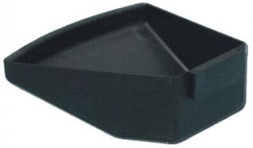 The image shows a black, triangular tray with a flat top surface and a slanted side. It has a compact, stable base and a small attachment on one edge.