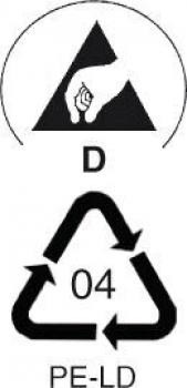 The image displays two symbols: Above, a hand sign within a triangle featuring the letter "D". Below, a recycling symbol with the number "04" and "PE-LD" (Low-Density Polyethylene).