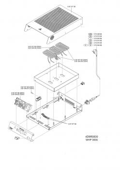 The image shows an exploded view of a device. Individual components are highlighted in color, including a casing, heating elements, and connection cables. Numbers refer to parts.