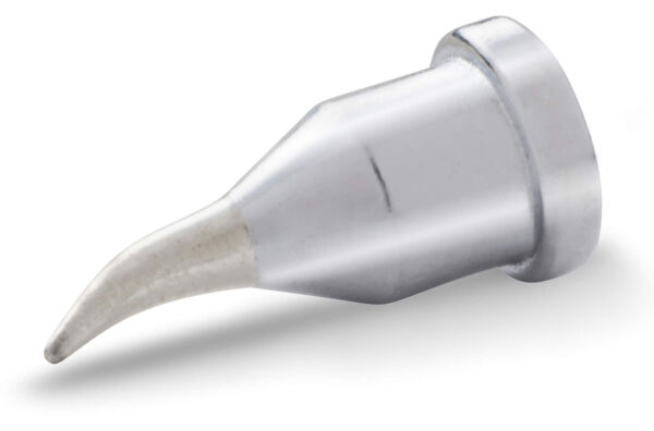 The image shows a metallic tip, slender and slightly curved. It has a smooth, silver surface and a fine, pointed bevel. The base is wider, tapering upwards.