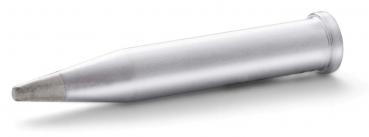 The image shows a silver metal capsule in the shape of an elongated cylinder that tapers to a point at one end. The other end is flat and round. The surface is smooth.