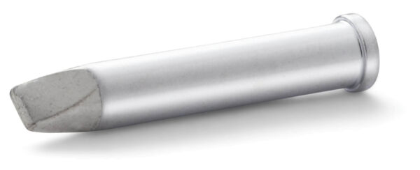 The image shows a silver metal cylinder with a flat, broadly shaped tip and a slightly rounded end. The cylinder is lying at an angle on a white surface.