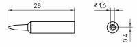 The image displays a technical drawing of an object measuring 28 mm in length and 1.6 mm in diameter. A top view illustrates the object with a small hole of 0.4 mm.