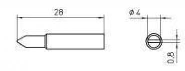 The image displays a technical drawing of a cylindrical object with a tip. It has a diameter of 4 mm and a length of 28 mm. Adjacent to it is the top view.