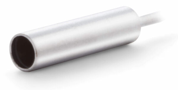 The image shows a silver, cylindrical metal body with one open end. A thin wire extends from the other end. The surface is smooth and shiny.