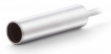 The image shows a long, silver cylinder with an open area on one side. The cylinder is smooth and has a narrow, white connector.