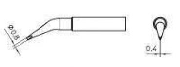 The image displays a technical drawing of a writing instrument with a curved end. On the left, dimensions of 0.8 and 0.4 are indicated, representing the size of the tip and the mouthpiece.