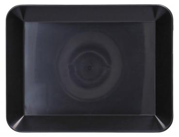 The image shows a black, rectangular tray with slightly rounded corners. The surface is smooth and shiny, with a central pattern that appears brightly illuminated.