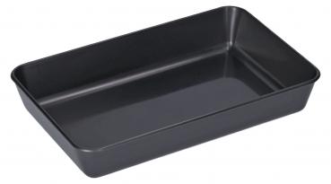 The image depicts a rectangular, flat metal baking pan. It is dark gray to black and features slightly raised edges. The inside is smooth and shiny.