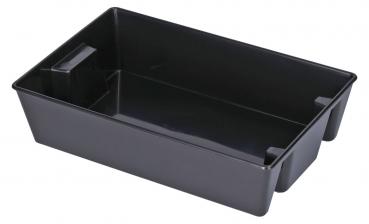 The image shows a black, rectangular plastic tray. It has smooth walls, a flat bottom surface, and a small handle on one side. The tray is simple and functional.