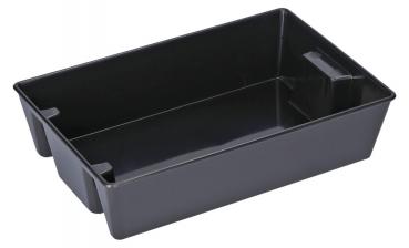 The image shows a rectangular, flat dish in matte black. It has rounded corners and small grip openings on the sides. The bottom is smooth and plain.