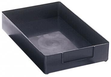 The image shows a rectangular, flat storage box in black, with rounded corners and a short handle area on one side. It has a smooth interior surface.