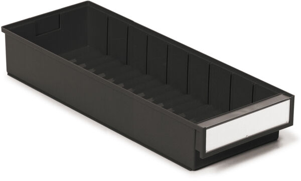 The image shows a black, elongated tray or box without a lid. It has a flat front and is divided inside into compartments to organize items.