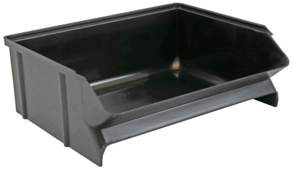 The image shows a black, rectangular storage box with open sides. It has an angled front that facilitates the removal of contents. The surface is smooth and solid.