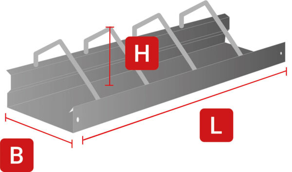 The image shows a gray metal object with three vertical supports. It has a horizontal base and is marked in the dimensions width (W), height (H), and length (L).