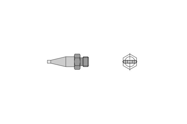 Das Bild zeigt eine schematische Darstellung eines Bauteils, vermutlich einer Düse oder eines Fittings. Es gibt eine Seitenansicht und eine Draufsicht des Objekts.