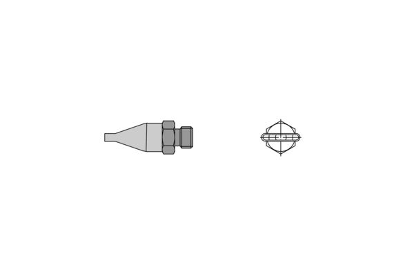 Das Bild zeigt eine technische Zeichnung eines kleinen Metallkörpers mit einer spitzen, konischen Form und zwei prismenförmigen Anschlüssen, von denen einer gewindet ist. Daneben ist eine Draufsicht dargestellt.