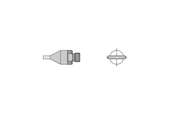 Das Bild zeigt eine technische Zeichnung eines Objekts. Links ist eine Seitenansicht mit einer spitzen Form und einem schmalen Ende zu sehen. Rechts ist eine Draufsicht mit einem kreisrunden Design.