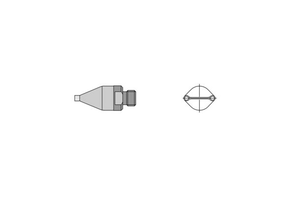 The image displays a technical drawing of an object from two perspectives: from the side with a conical shape and from above in an oval shape. It is rendered in neutral gray tones.