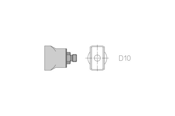 Das Bild zeigt eine technische Zeichnung eines zylindrischen Bauteils mit einem Schraubengewinde. Eine Ansicht zeigt die Seite, die andere die Oberseite mit der Bezeichnung "D10".