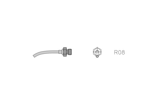 The image shows a simple technical component: a hose with a connection. On the right is a schematic representation of a connection labeled "R08".